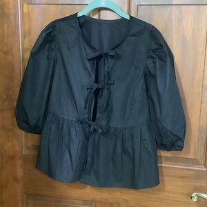 Black Puff Sleeve Blouse with Bow Details